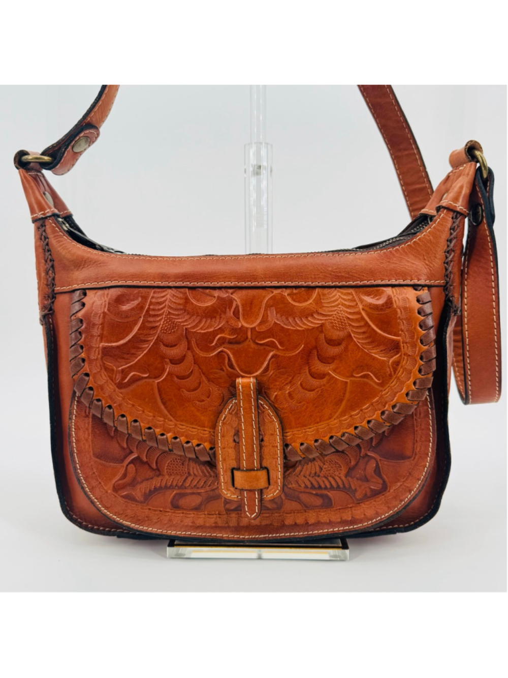 Patricia Nash Camilla Tooled Italian Leather Crossbody Bag Purse Brown